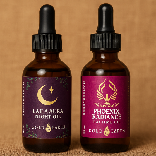 Laila & Phoenix Glow Duo – Natural face oils featuring Laila Aura Night Oil and Phoenix Radiance Day Oil.