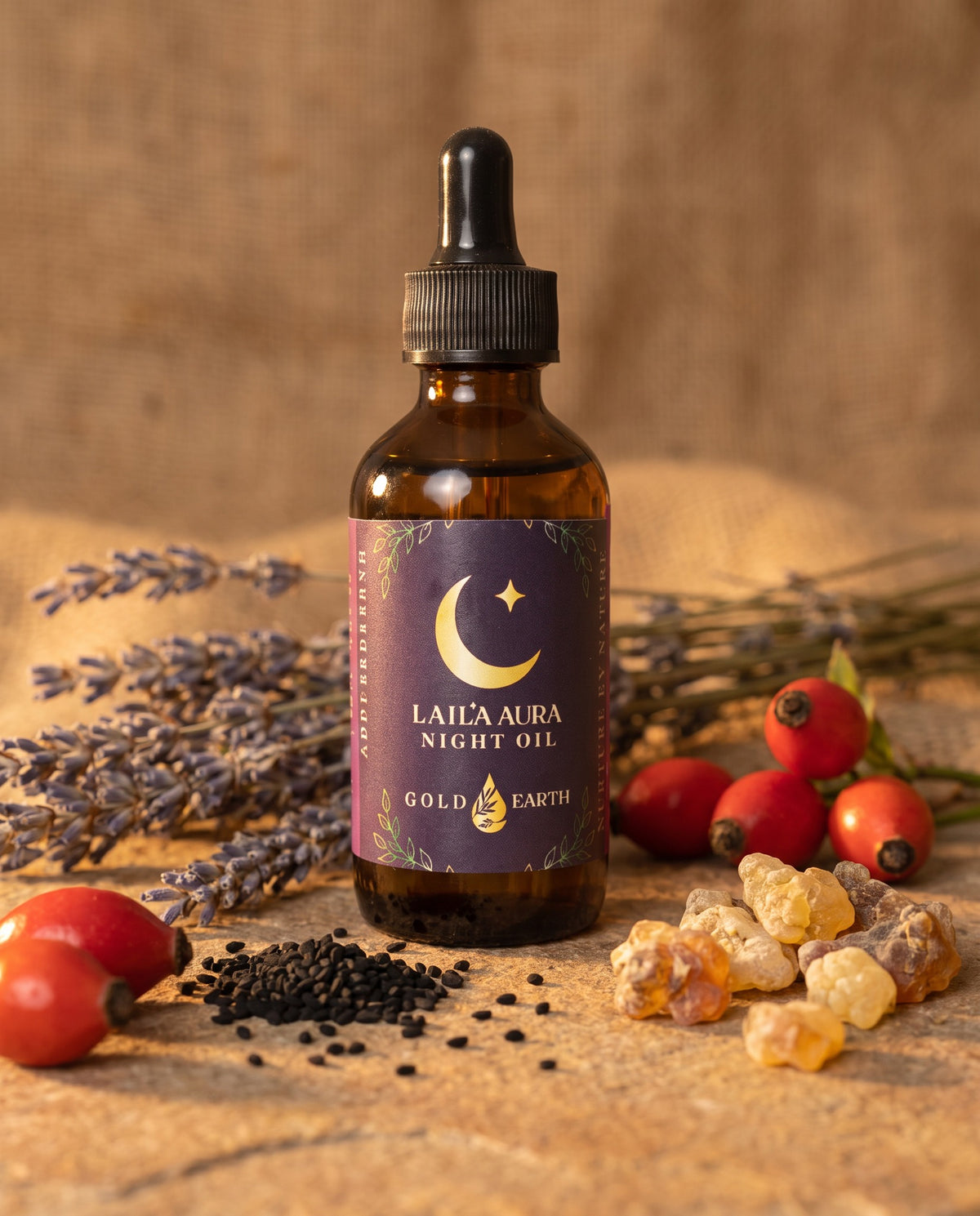The key botanicals inside Laila Aura — rosehip, jojoba, frankincense, lavender