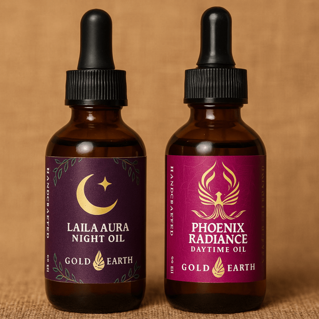 “Gold Earth Face Oils – Laila Aura Night Oil and Phoenix Radiance Day Oil for radiant, glowing, youthful skin – handcrafted vegan skincare from the Cotswolds.”
