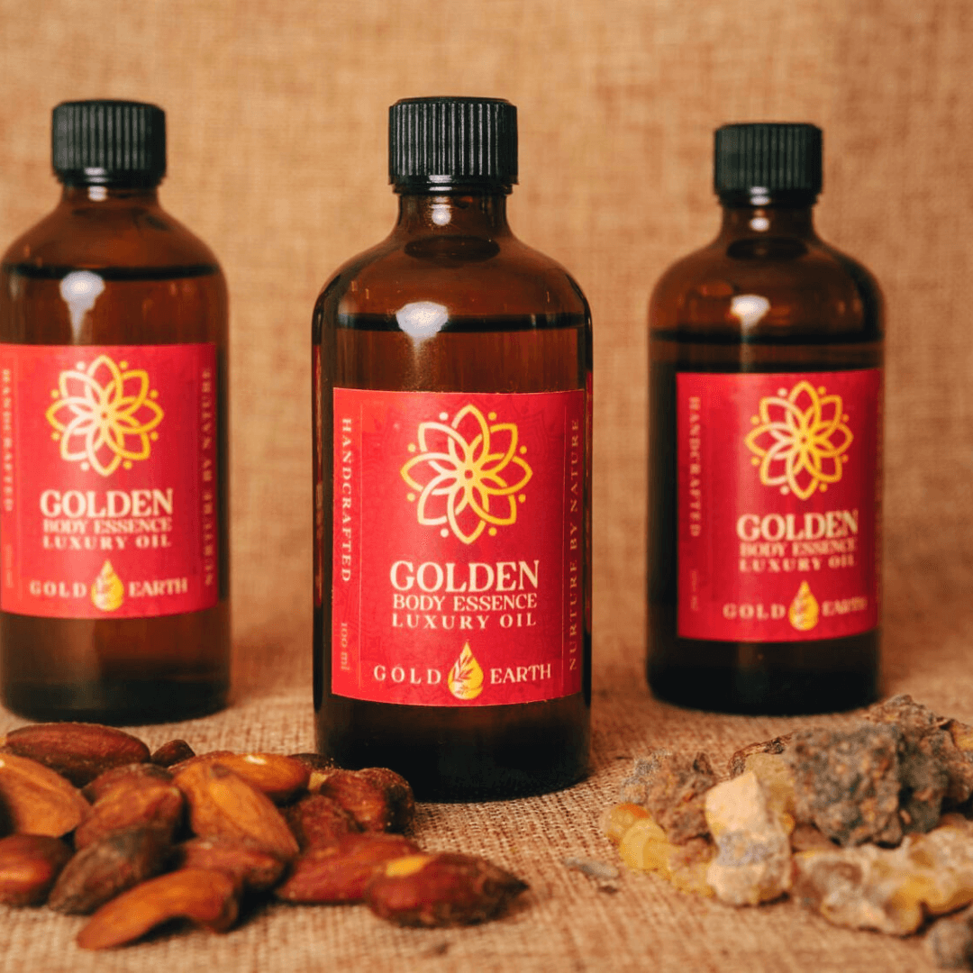 “Gold Earth Golden Body Essence – luxurious natural body oil for soft, radiant, hydrated skin – vegan, handcrafted, and infused with nourishing botanical oils.”
