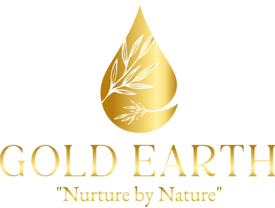 The current Gold Earth logo — gold drop emblem with botanical leaves, wordmark and Nurture by Nature tagline