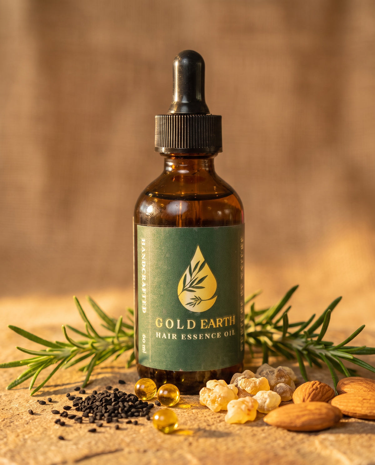 The botanical ingredients inside Gold Earth Hair Essence, led by rosemary