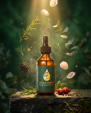 Gold Earth Hair Essence bottle among fresh botanicals
