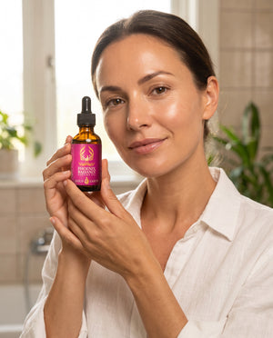 Woman applying Phoenix Radiance day oil in the morning